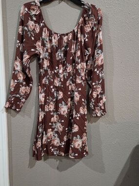 Floral Long-Sleeve Smocked Waist Dress in Brown